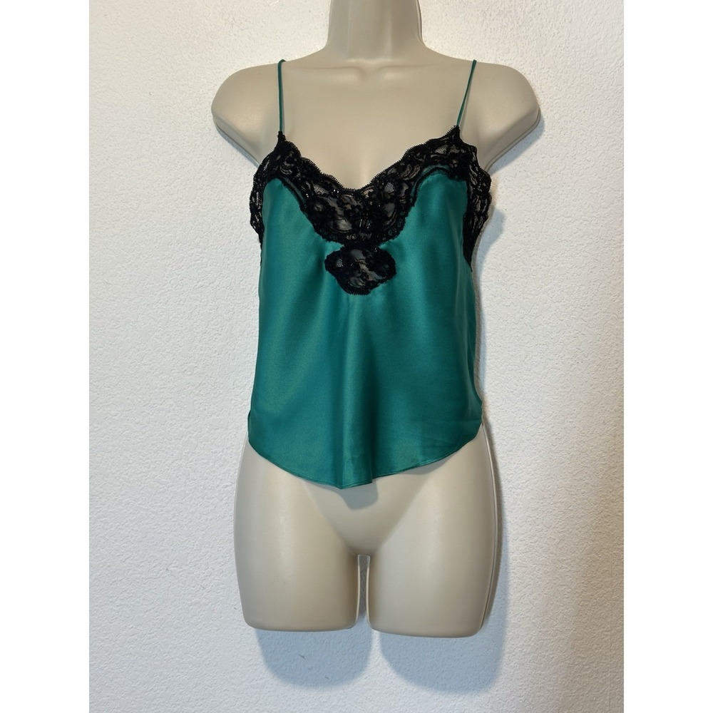 Victorias Secret Vintage Gold Label Crop Cami Top M Green Satin & Lace Coquette